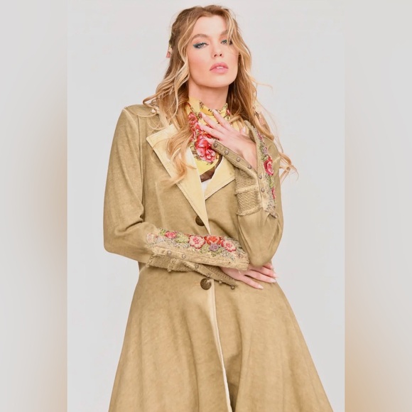 Aratta Jackets & Blazers - Aratta Floral Embroidered Trench Coat in Tan